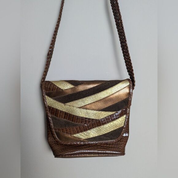 Vintage 80s patchwork cross body bag brown snakeskin croco - Picture 1 of 10